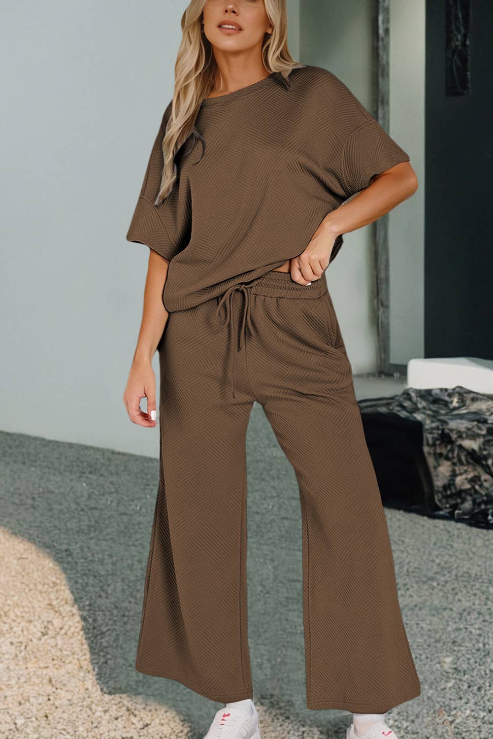 Aapparella - Wholesale Lounge Set - Women's - Women Multi-colored Textured T Shirt and Pants Set | S-2XL26