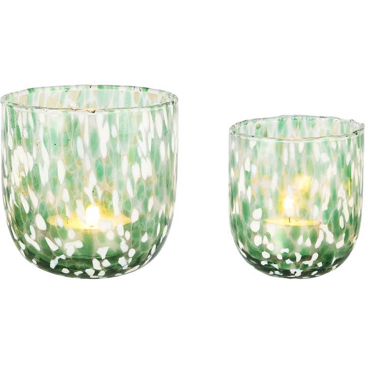 Set mit 2 Teelichthaltern 'Grüne Flecken', Glas, 12x12x10cm für den Großhandel von Dekoratief