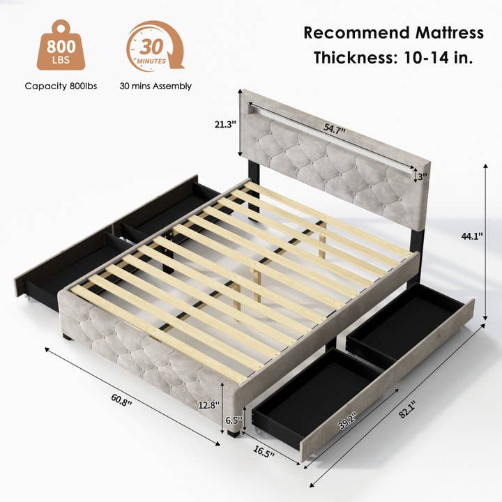 39F Inc. - Wholesale Bed - Queen Size Upholstered Platform Storage Bed Frame with 4 Drawers and LED Light,No Box Spring Needed7