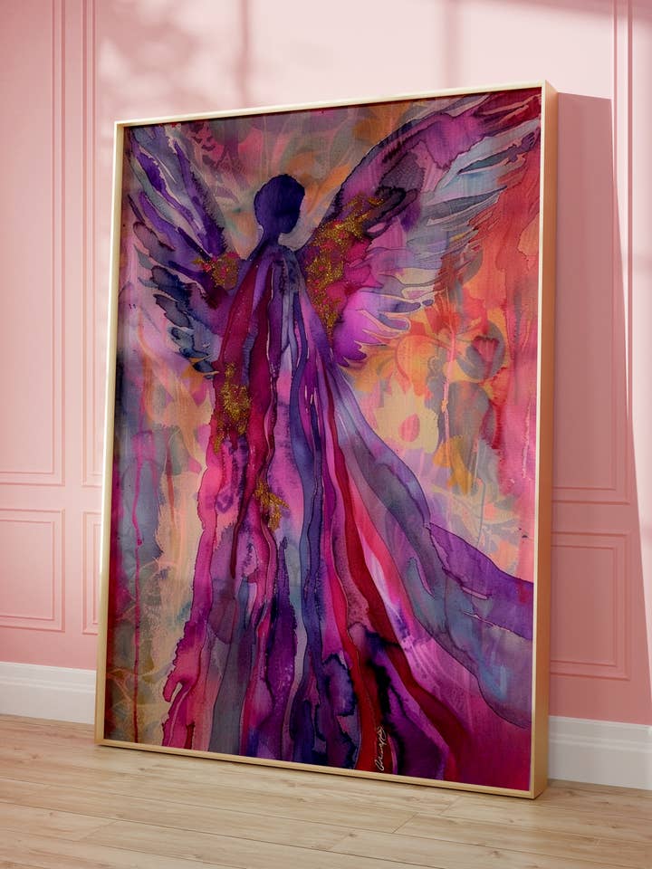 Stor ängel dukmålning i rosa och lila för wholesale av Seelenzauberstudio