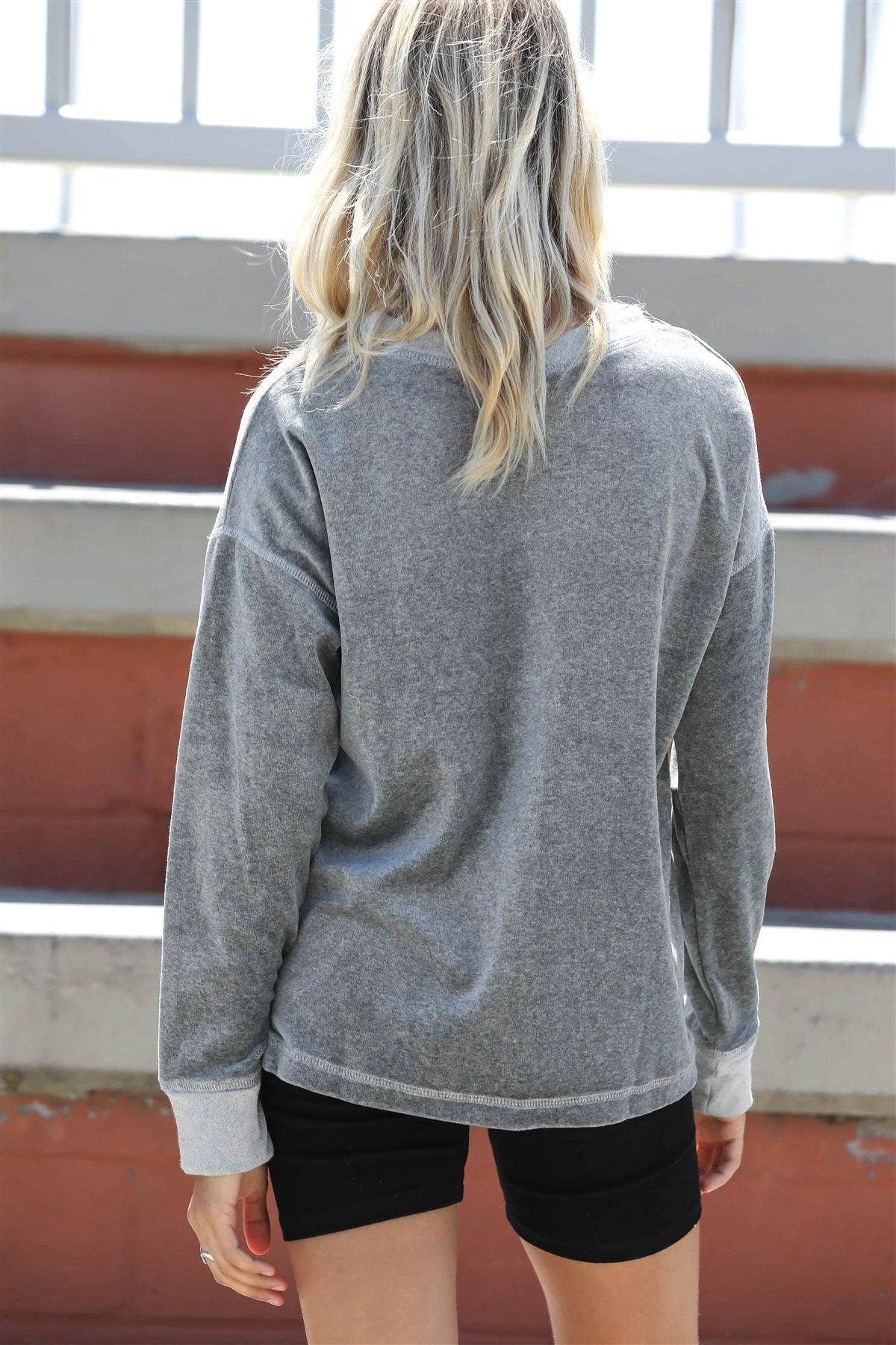 Charcoal Cotton Bland Velour Long Sleeve Sweatshirt for wholesale on Faire1