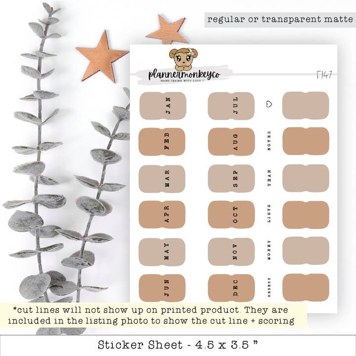 Mini monthly planner tab kit - coffee brown for wholesale by Plannermonkeyco