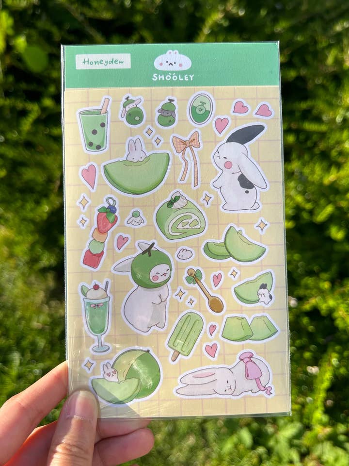 Honeydew bunnies sticker sheet | Vinyl sticker sheet for wholesale by Shooley