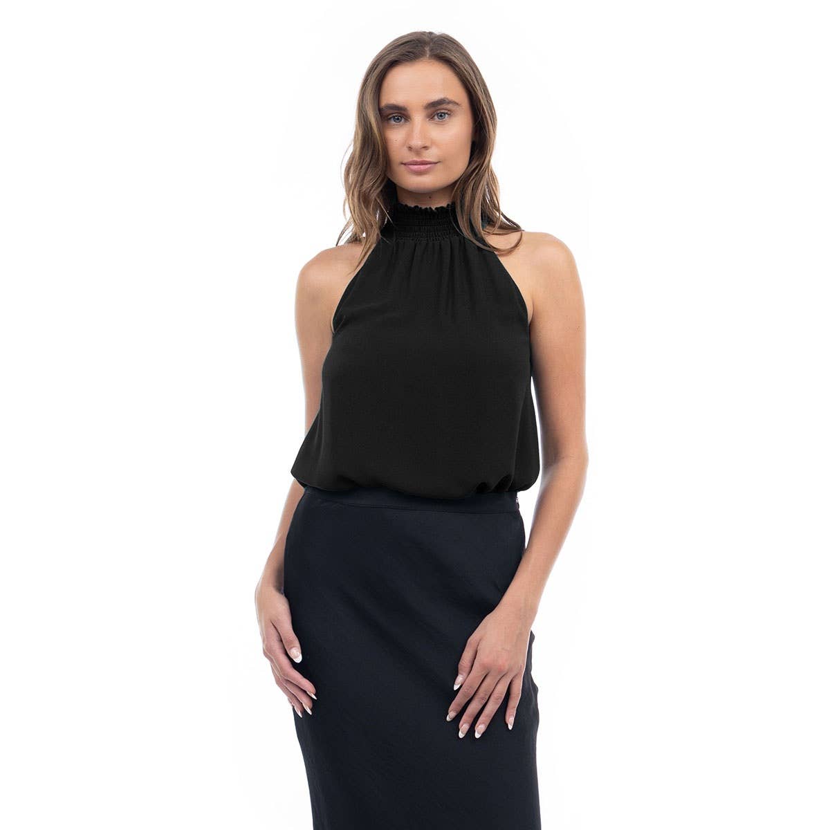 Naked Zebra Rack - Wholesale Tank Top - Women's - Halter Mock Neck Smocked Rounded Hem Top2