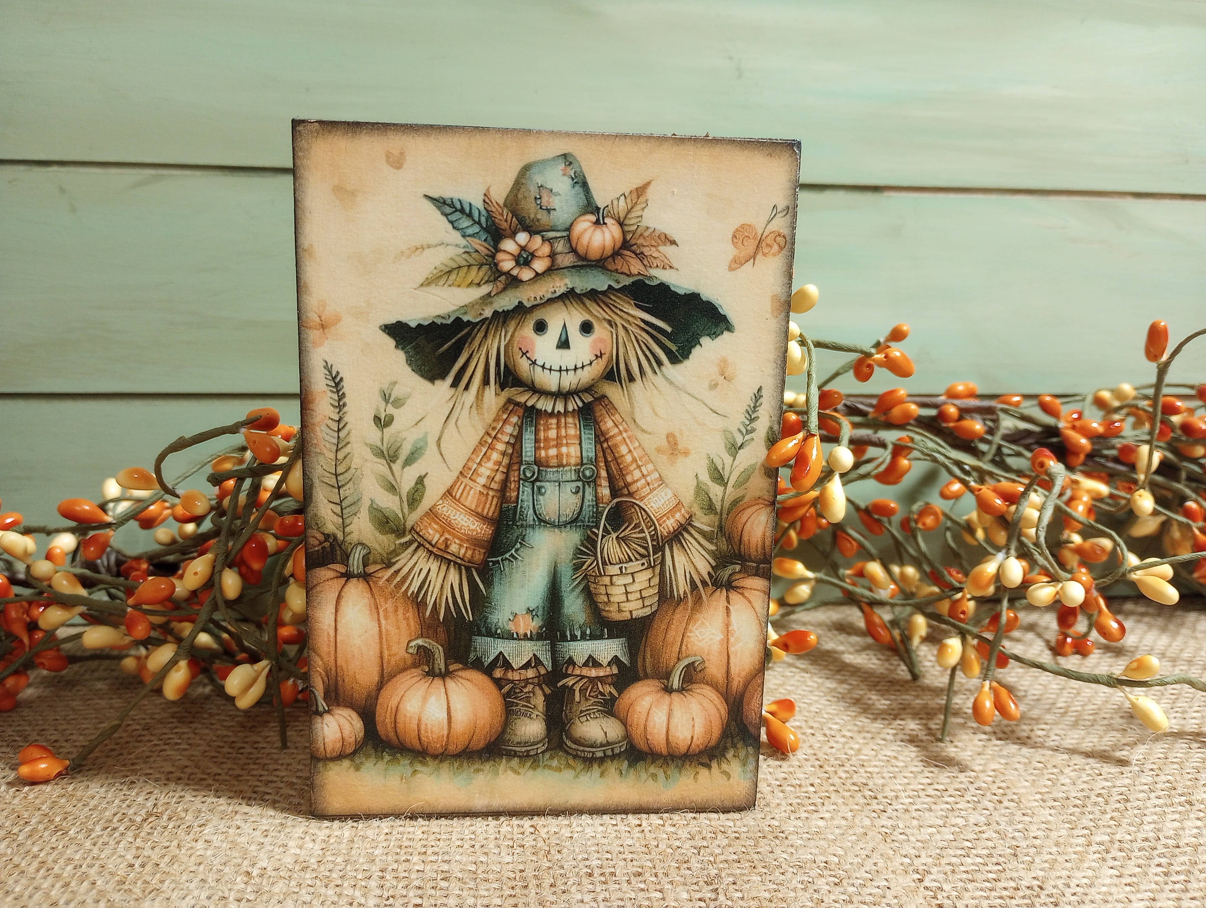 Bluegrass Burlap Co - Wholesale Sign - Primitive Scarecrow Wood Sign - Small -Style C0
