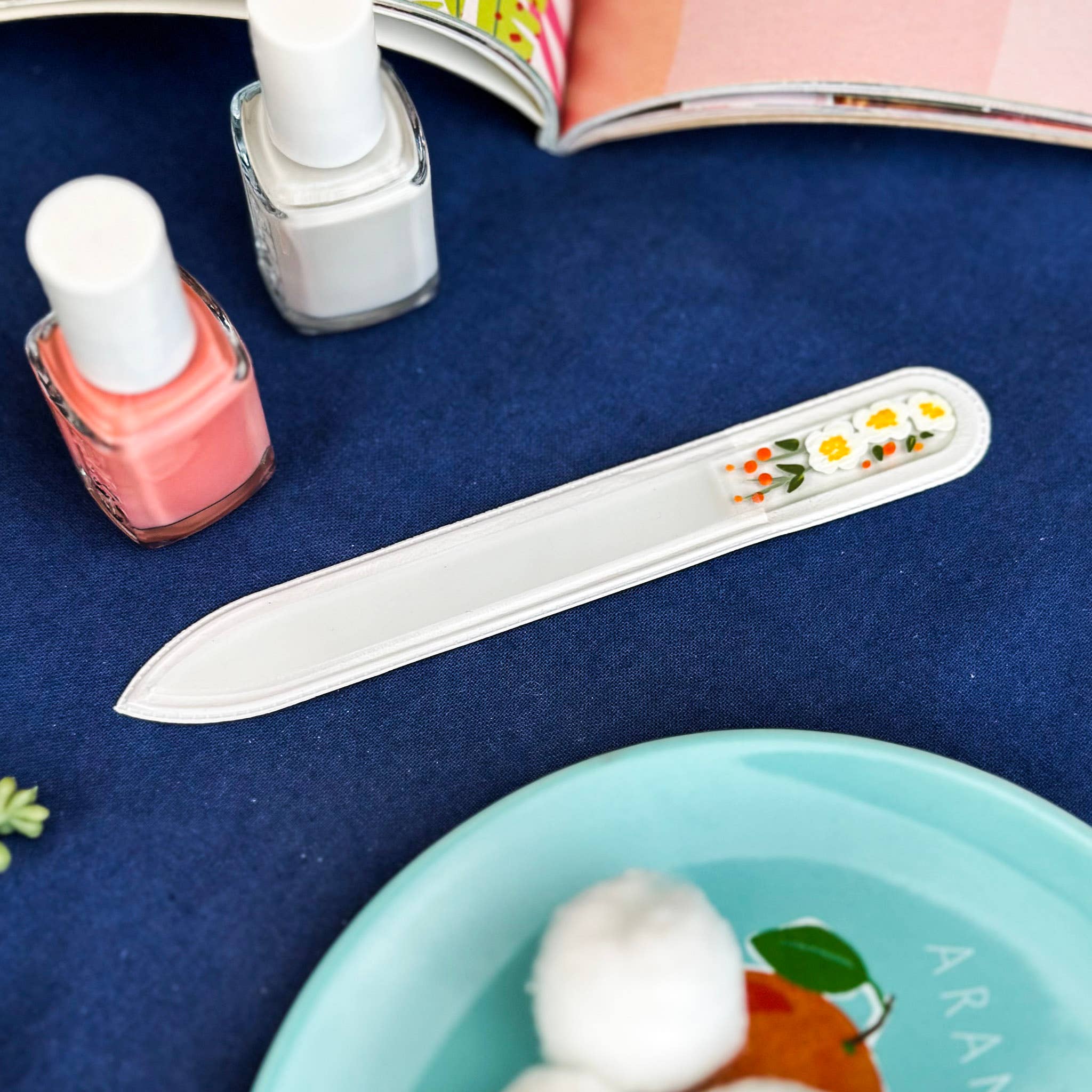 Blue Lemon Art - Wholesale Nail File - Hand Painted Glass Nail File - White Peony2
