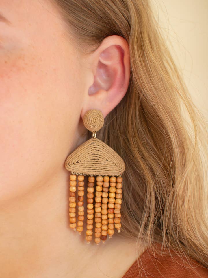 RAFFIA AND MANGO WOOD BEADED EARRINGS for wholesale by Kalalou