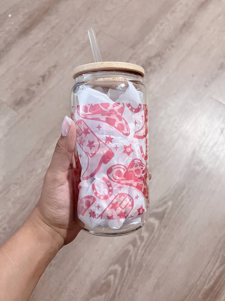 Pink Cowgirl Clear Glass Cup for wholesale by Paolin Jewelry