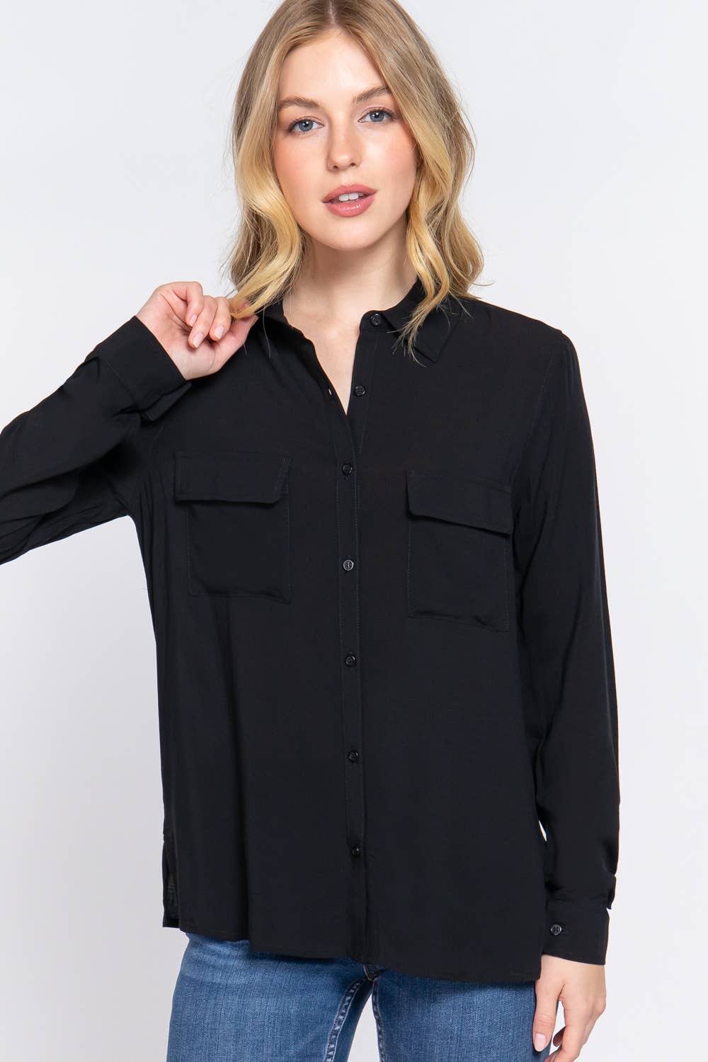 Active Basic | Active USA – wholesale Buttoned-down shirt – Women's – Long Sleeve Front Pocket Woven Shirt 1