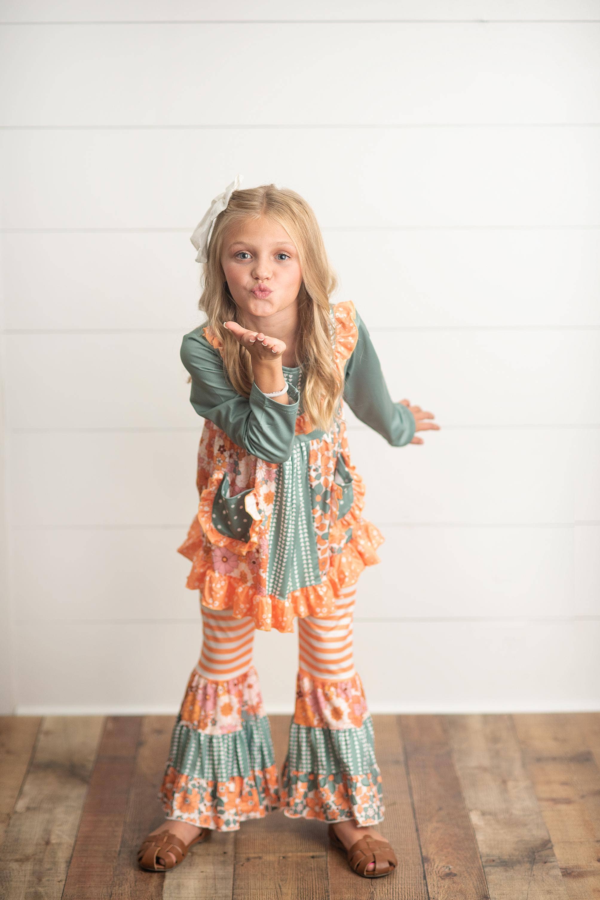 Adorable Sweetness - Wholesale Top & Pant Set - Kids - Kids Sage Floral Pocket Two Piece Bell Bottom Ruffle Set1