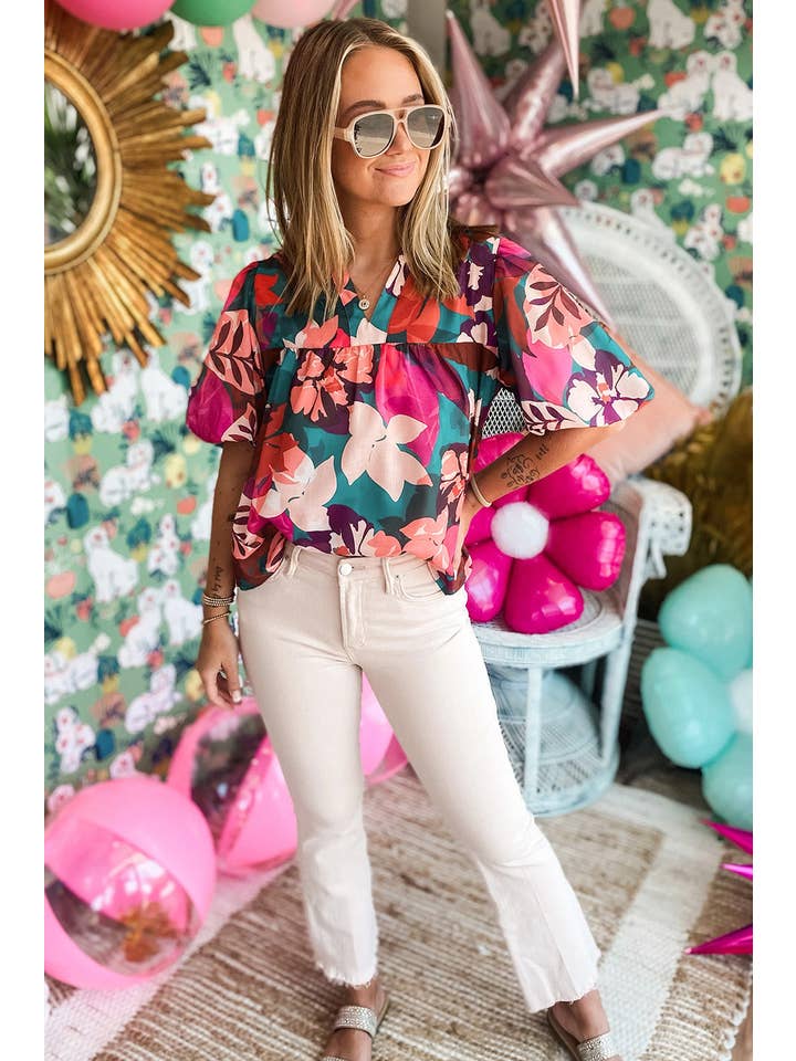 Rose Red Floral Print V Neck Lantern Sleeve Blouse for wholesale on Faire3