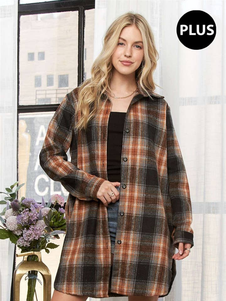 CEJ1987GX - PLUS SIZE BUTTON DOWN FLANNEL SHACKET for wholesale by ADORA LA
