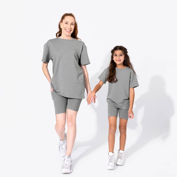 Bellabu Bear - Wholesale Lounge Set - Women's - Stormy Grey Moms Oversized Tee & Biker Shorts Set4