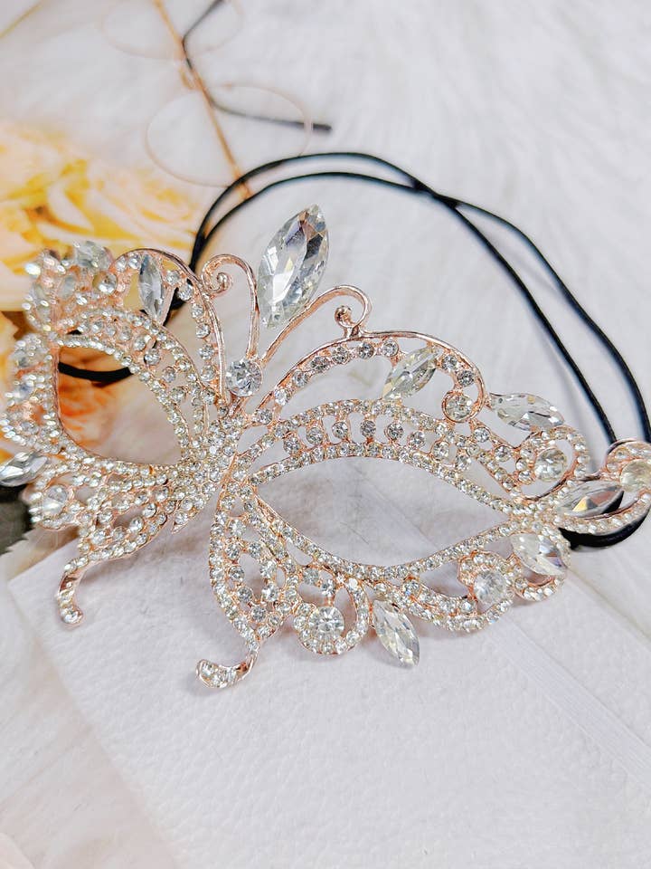 Happy Dream Gifts – Großhandel Kostüm – Damen – Roségoldene Maske, Klare Steinmaske, Schmetterlingsmaskenball-Maske6