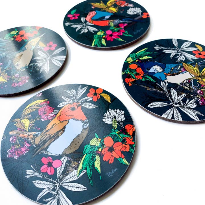 Bean and Bemble - Wholesale Coasters - Coasters Box Set Round Melamine Wood British Garden Birds Mixed