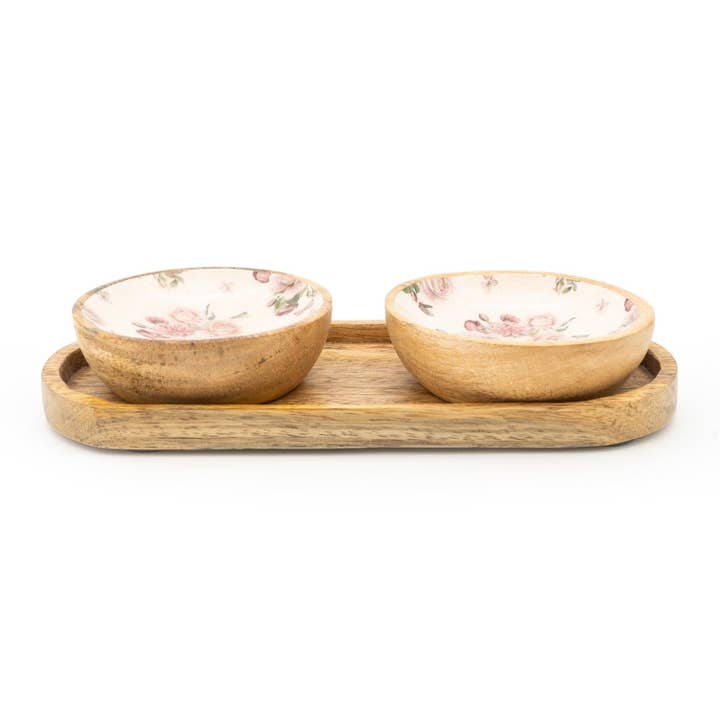 Candlelight Products Ltd - Wholesale Condiment/Dip Bowl - Set of 2 Small Mango Wood Dipping Bowls - Provence Blossom 4PK