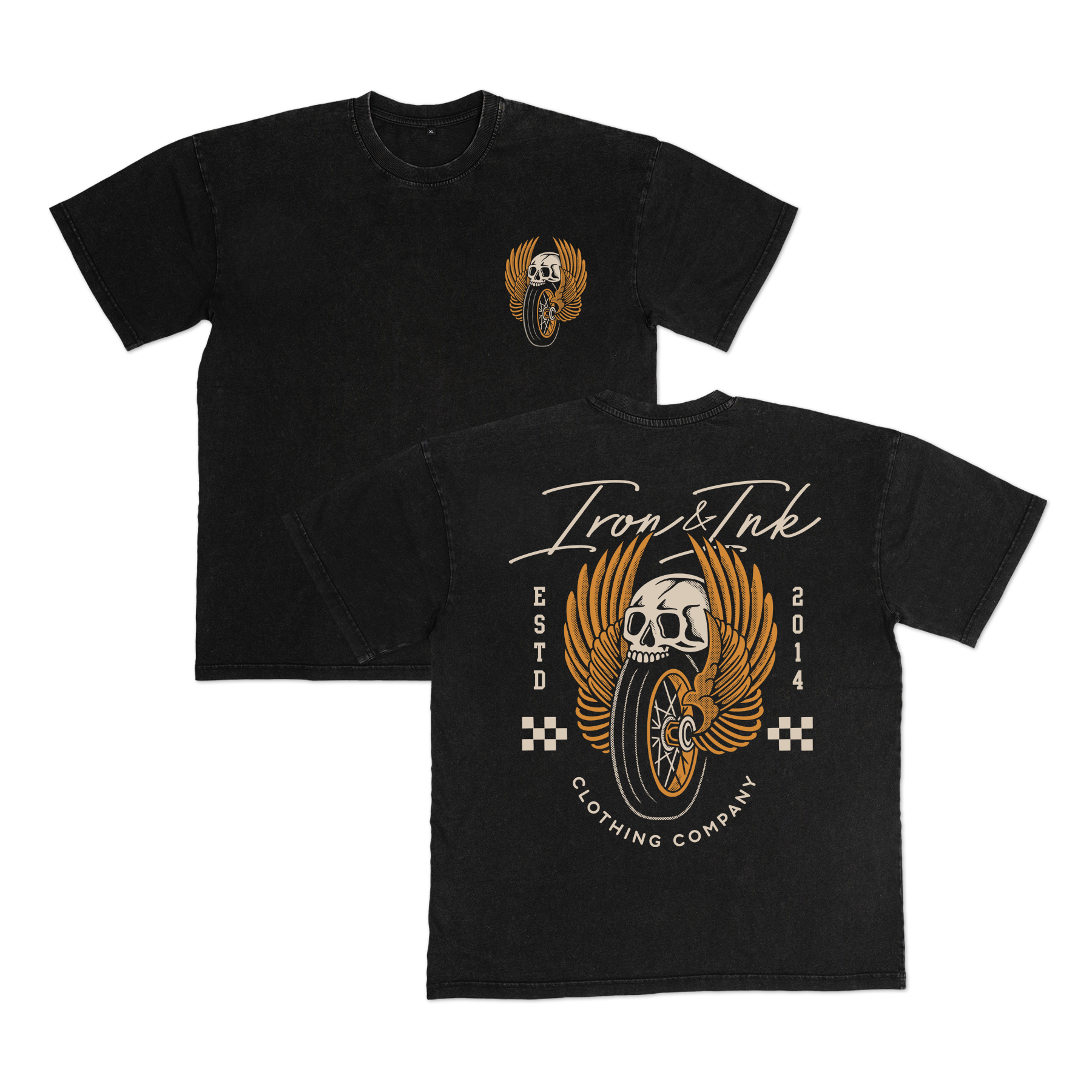 Iron And Ink Clothing Co - Wholesale Screen Printed T-Shirt - Unisex - New "Moto Skull" oversized heavy wt shirt- black acid wash0