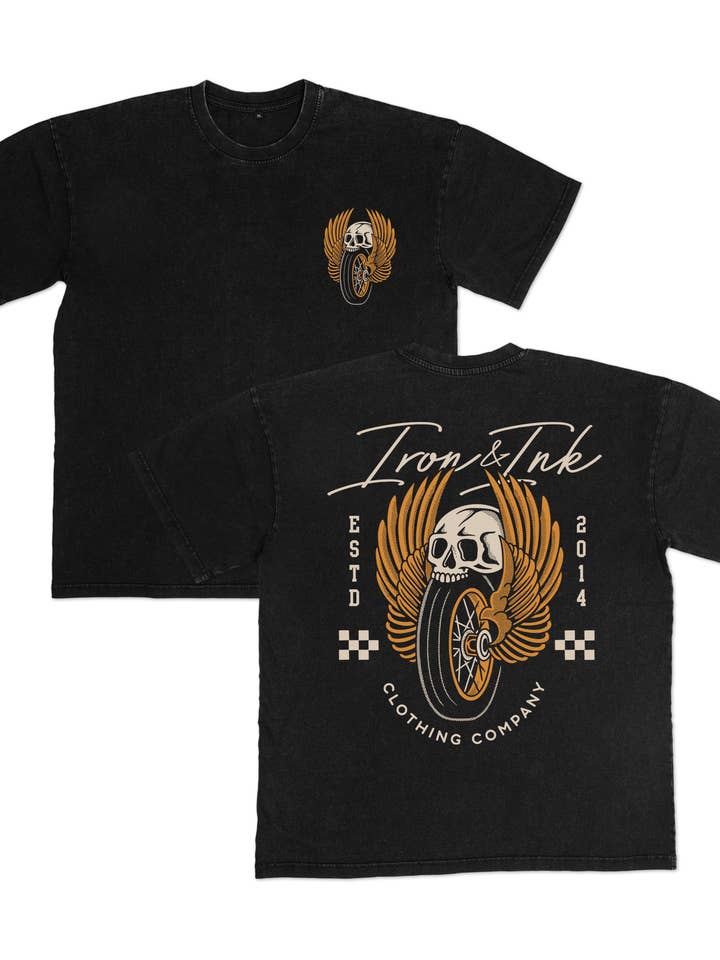 Iron And Ink Clothing Co - Wholesale Screen Printed T-Shirt - Unisex - New "Moto Skull" oversized heavy wt shirt- black acid wash