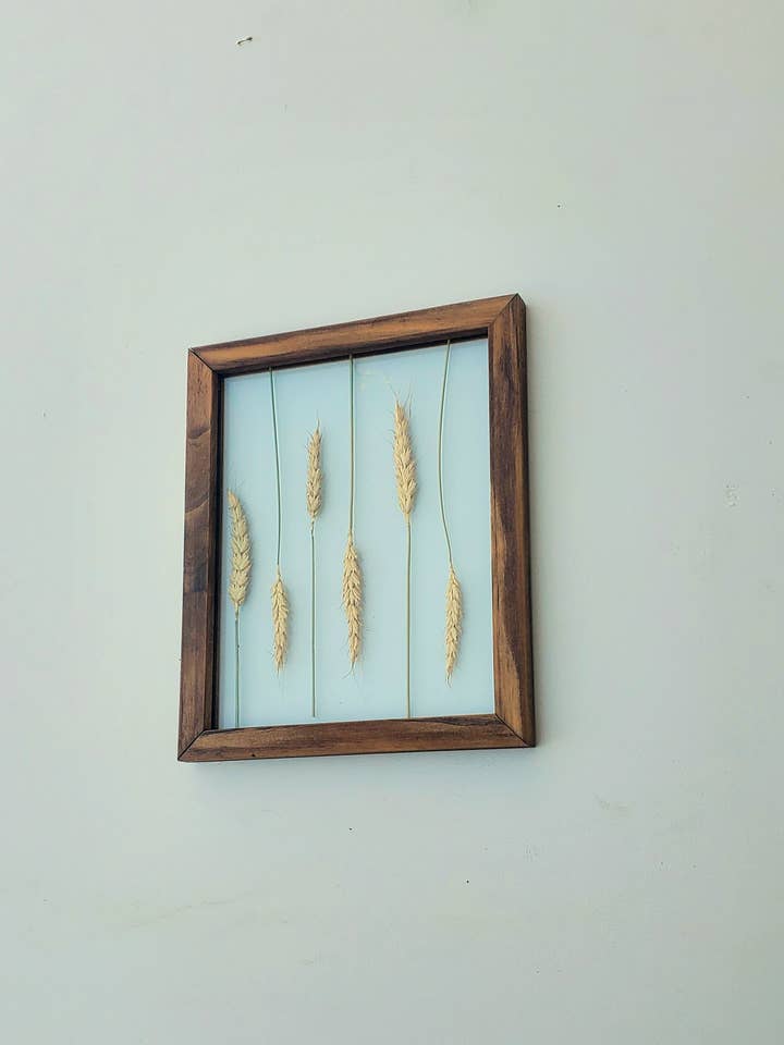 Wheat stalk pressed flower frame, real preserved floral art for wholesale by Studio Wildflower