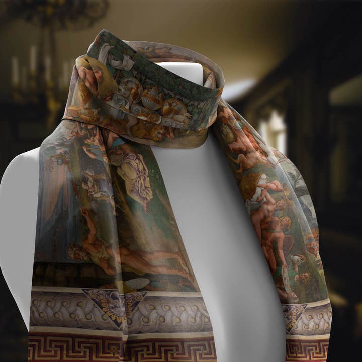 Love and Psyche by Giulio Romano from Palazzo del Te Mantua, Luxurious Long Scarf/Boho Head Wrap, Made to Order, Handmade and Cruelty Free for wholesale by Ebon et Noir LLC