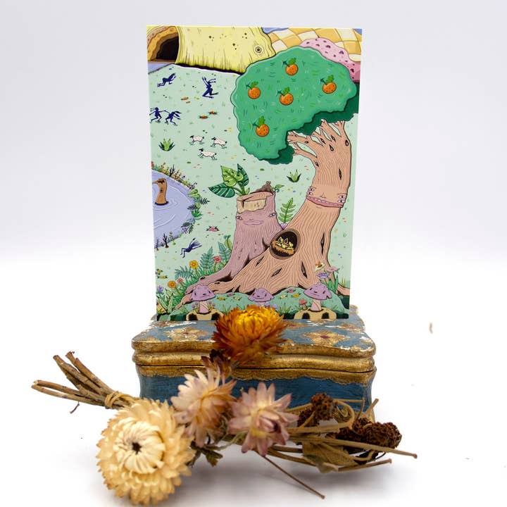 Arbre printanier et esprits féeriques - Carte de vœux vierge avec pour la vente par Danielle Arden O’Malley Art