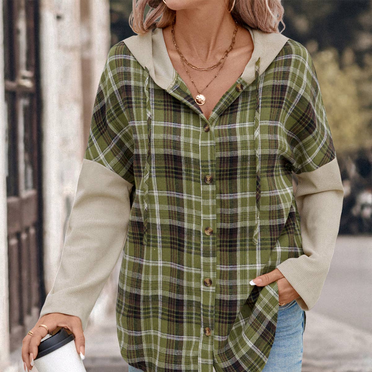 Green Plaid long-sleeved hooded patchwork shirt for wholesale on Faire1