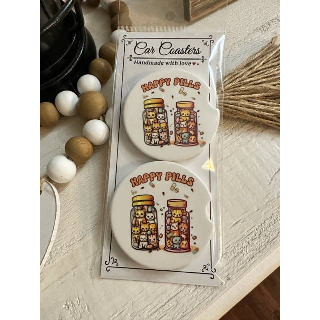 Dogwood Graphics & Design - Wholesale Car Coaster - Women's - Happy Pills - Cats Kittens Car Coaster Set1