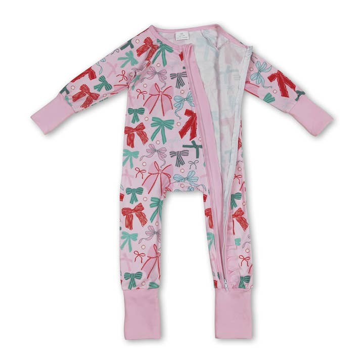 Yawoo Garments - Wholesale Jumpsuit - Baby - Pink long sleeves bows baby girls Christmas zip romper1