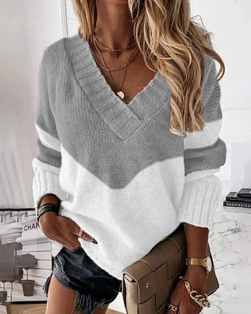 Fashion Combination - Vente Pull en maille – femme - pull en tricot à manches longues et col en V colorblock7