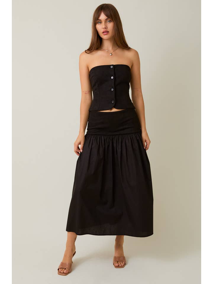 Black STRAPLESS SMOCKED BACK SUEDE TUBE TOP & CONTRAST MIDI SKIRT for wholesale on Faire1