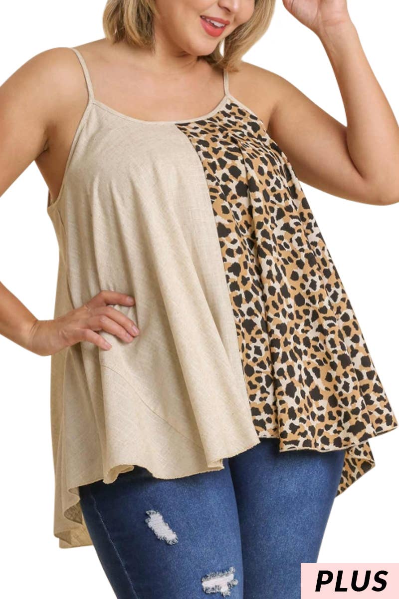 Plus Linen Blend Animal Print Adjustable Spaghetti Strap Top