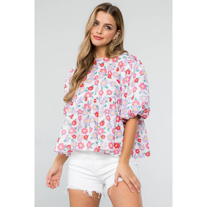 Flower Print Puff Sleeve Peplum Top for wholesale by THML