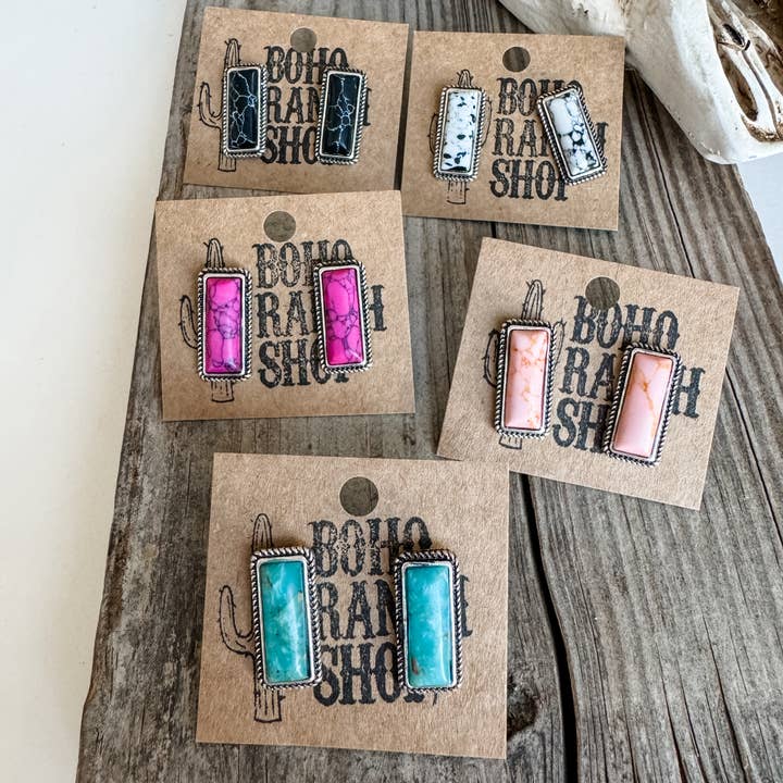 Boho Ranch Shop - Wholesale Stud/Post Earrings - Western Mini Stone Stud Earrings - Heart Square Circle Bar1