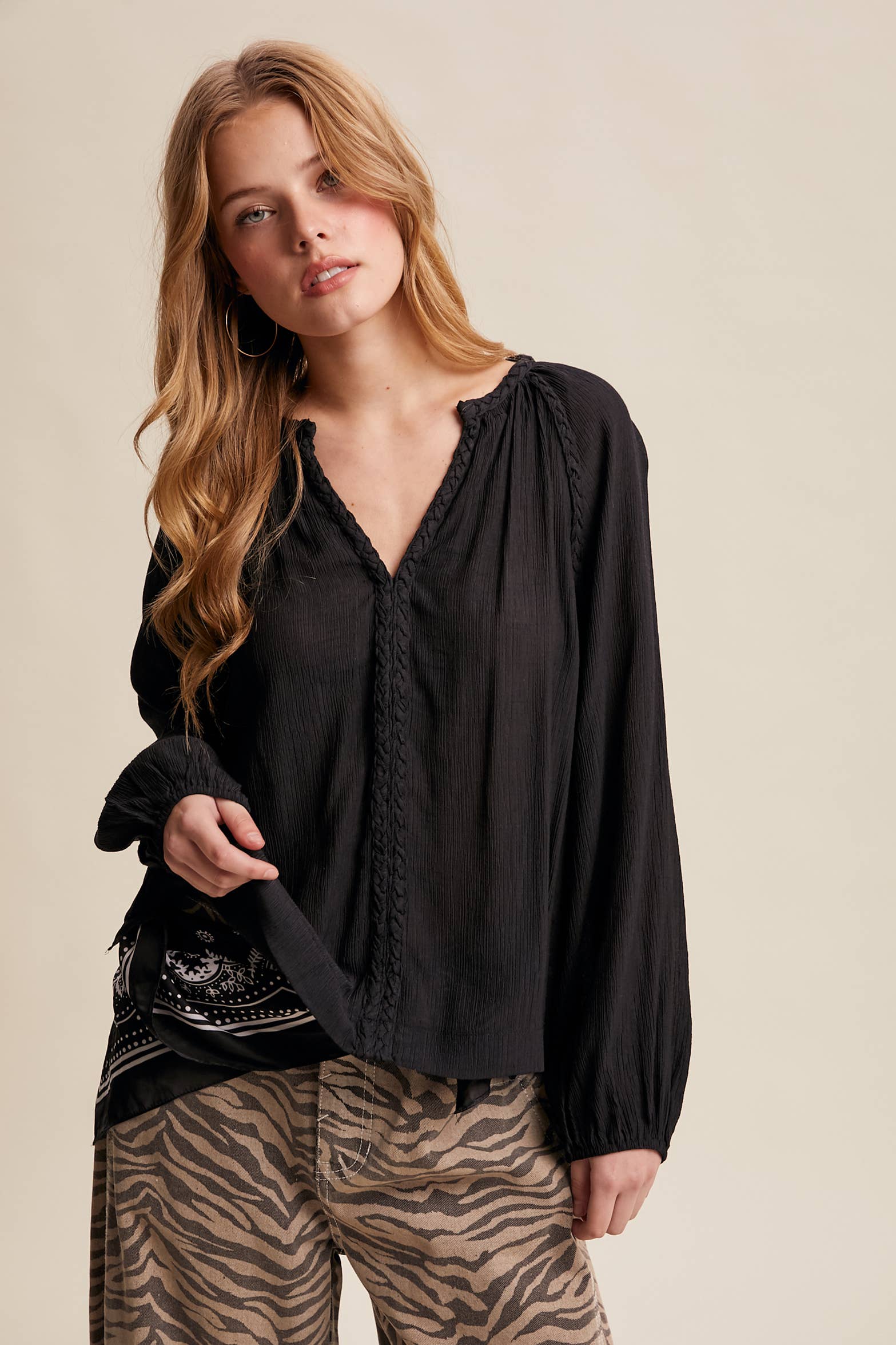 Listicle - Wholesale Blouse - Women's - Braided Trim Peasant Blouse LT144731