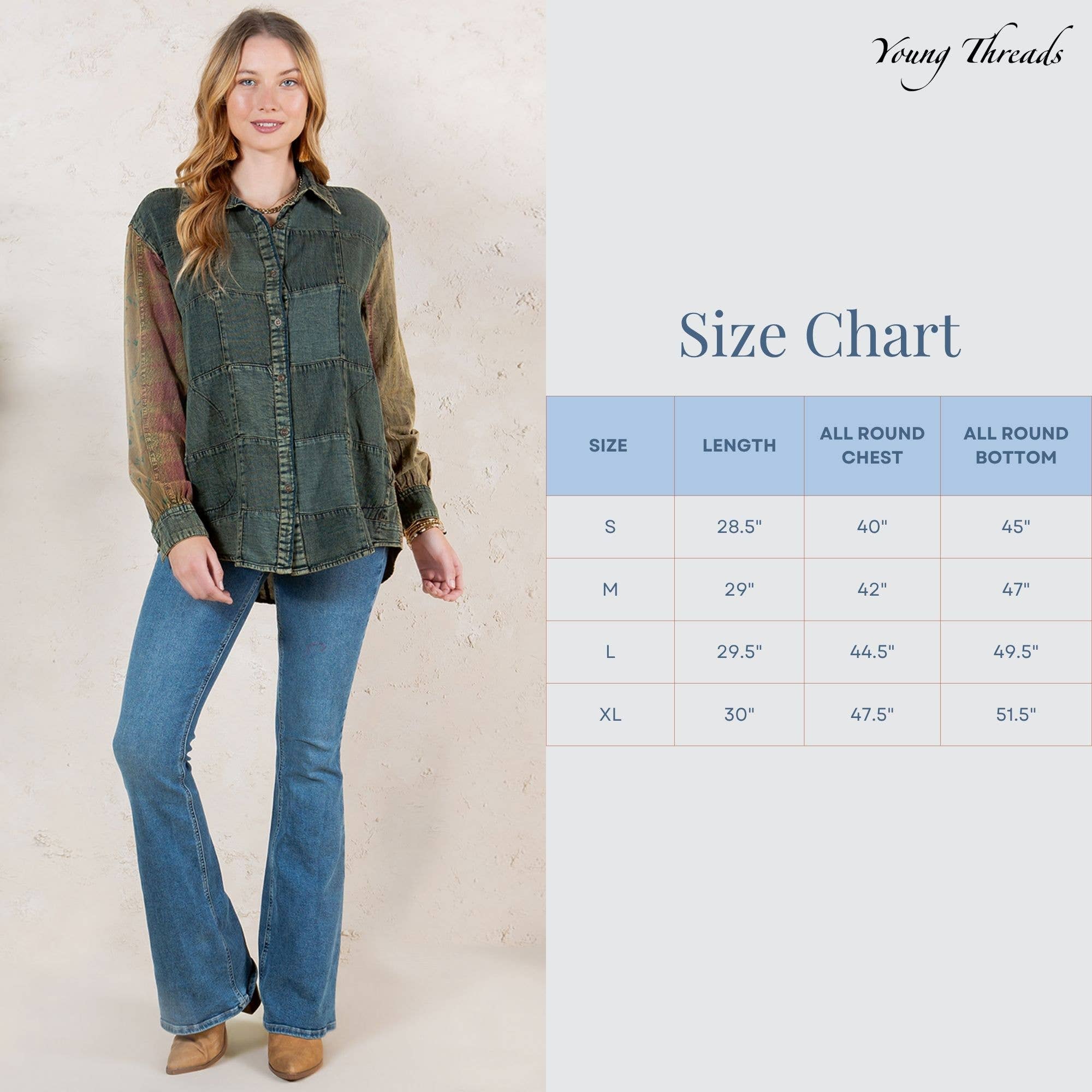 Young Threads - Wholesale Button Down Shirt - Women's - Western Boho Chic: Patchwork Denim Buttondown Shirt 5