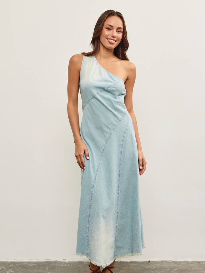 RAW CUT HEM ONE SHOULDER DENIM DRESS for wholesale on Faire