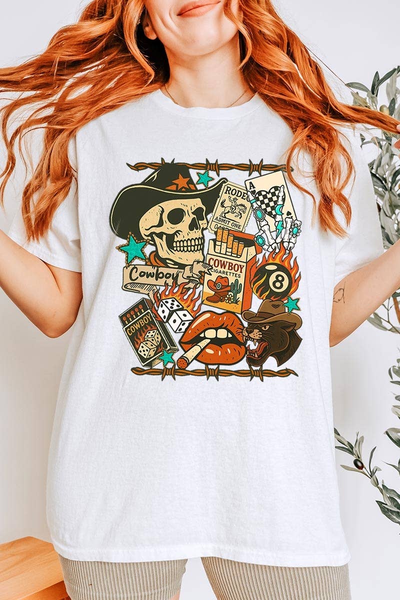 COLORBEAR - Vendita all'ingrosso Maglietta stampata - Donna - Maglietta in Cotone Pesante con Grafica Collage Western Vintage0