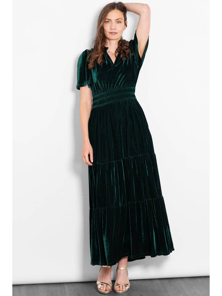 Sarta - Wholesale Dress - Women's - Roxy Tiered Maxi Dress- Green, Velvet1