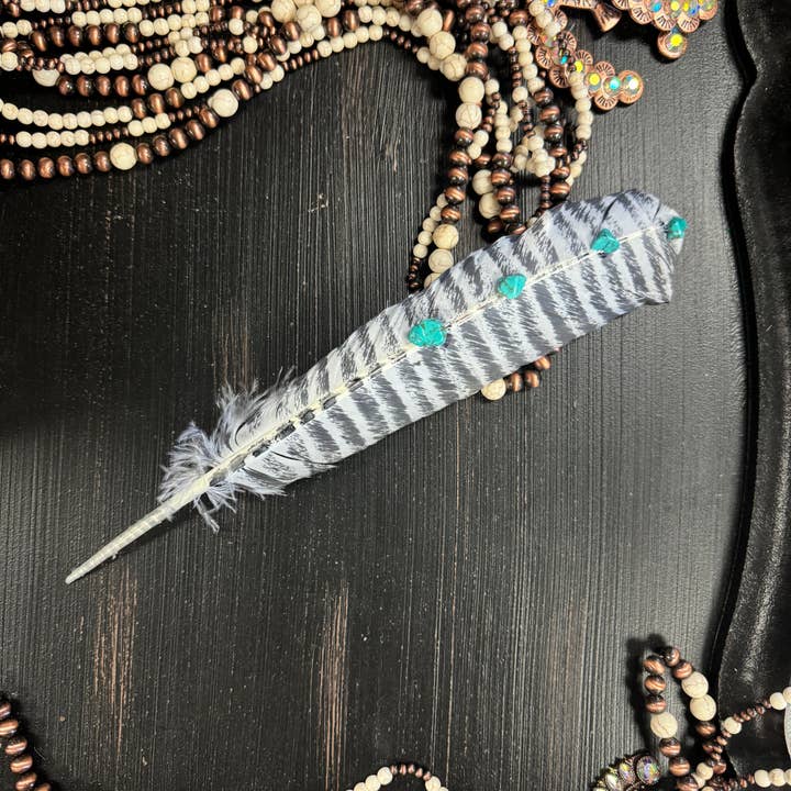 Wildflowers and Barley - Wholesale Feathers - Turquoise Studded Premium White Barred Turkey Feather