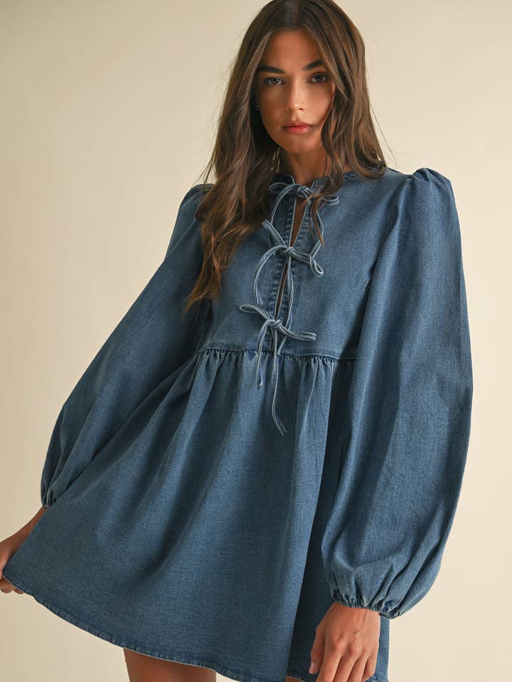 MIDIUM WASH Denim Bow Mini Dress for wholesale on Faire