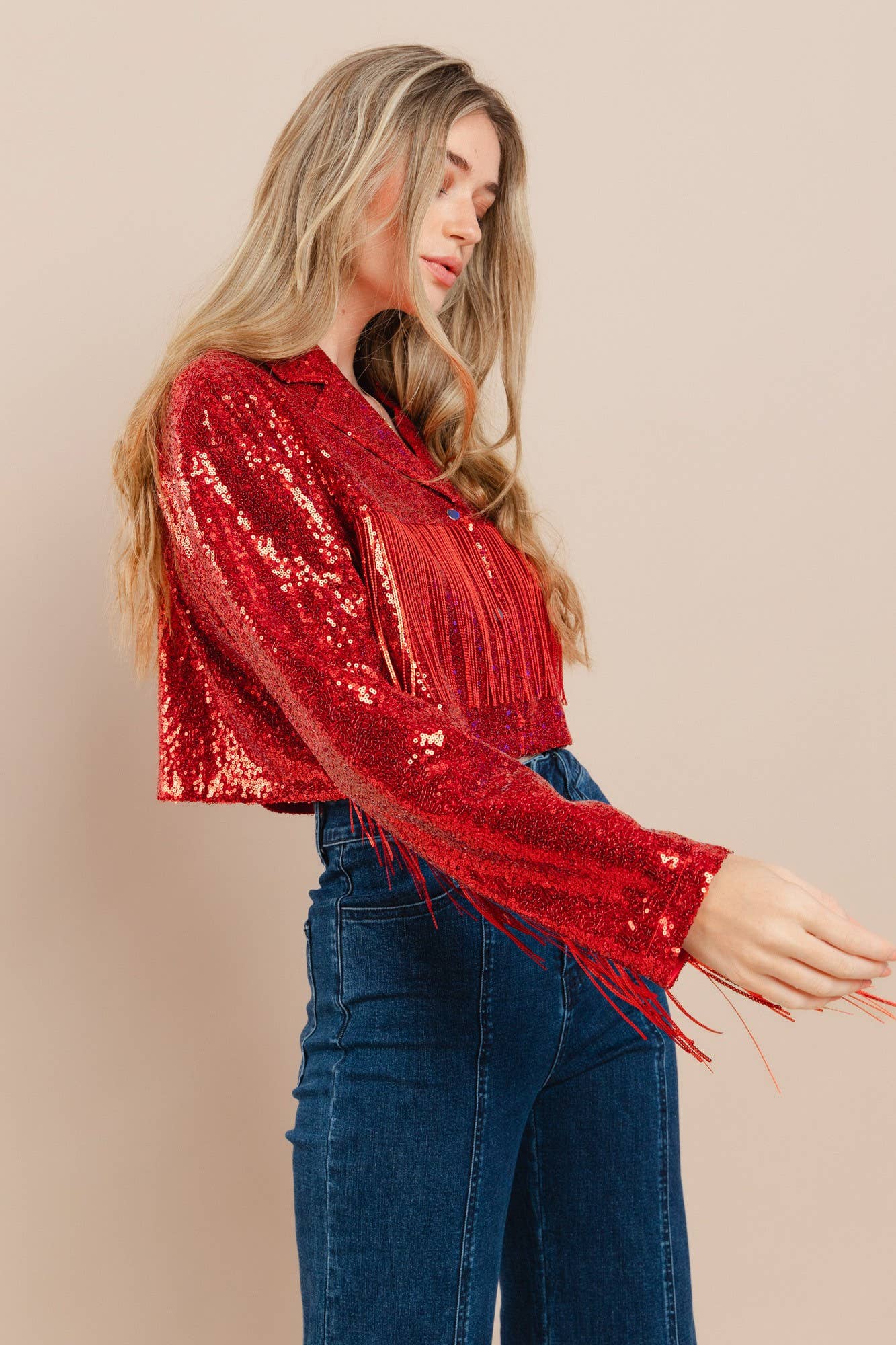 WISTERIA LANE – Blusão - Mulher por atacado – CASACO MOTO COM LANTEJOULAS RECORTADAS COM FRANJAS -6317 DOURADO9