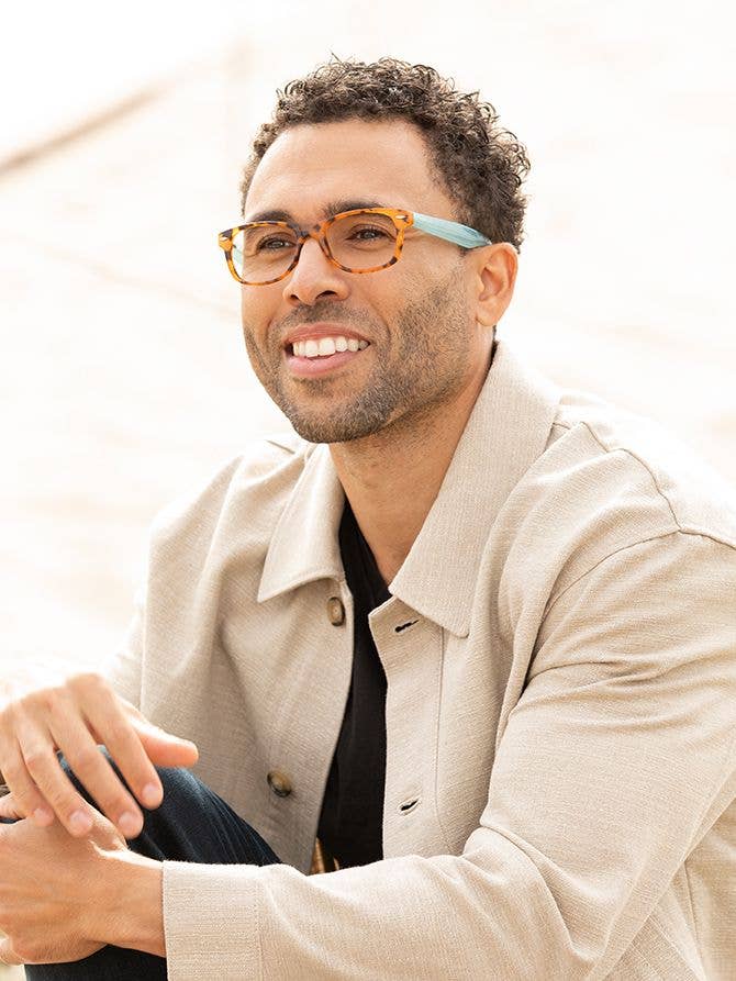 Blue Planet Eco-Eyewear - Vente Lunettes de vue – unisexe - Avery - Honey Tortoise/Turquoise - Filtrage de la lumière bleue1