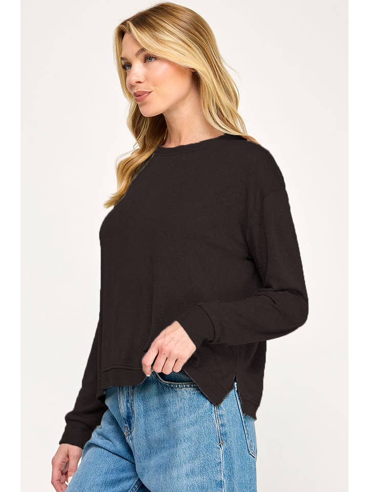 Wasabi + Mint - Wholesale Knit Top - Women's - HACCI SLUB CREW NECK L/S BOXY TOP W/ RIB CONTRAST