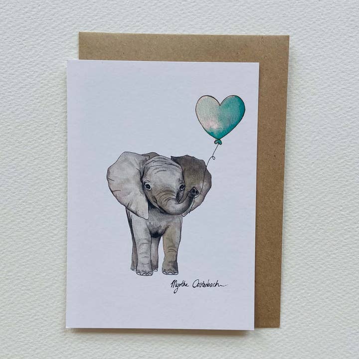 Carte bébé garçon Éléphant avec ballon cœur pour la vente par Myrthe Oostenbach Art