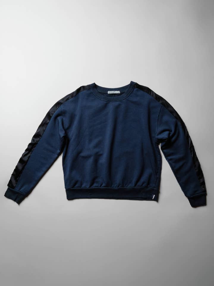 Softest Fleece Satin Trimmed Pullover in New Navy for wholesale by Stateside