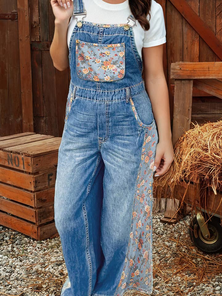 Western Floral Patchwork Bib Denim Wide Leg Overalls for wholesale by fashionworks