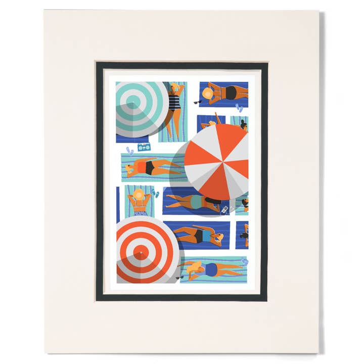MATTED PRINTS Aerial Beach Scene, Loungers & Umbrellas for wholesale by Lantern Press