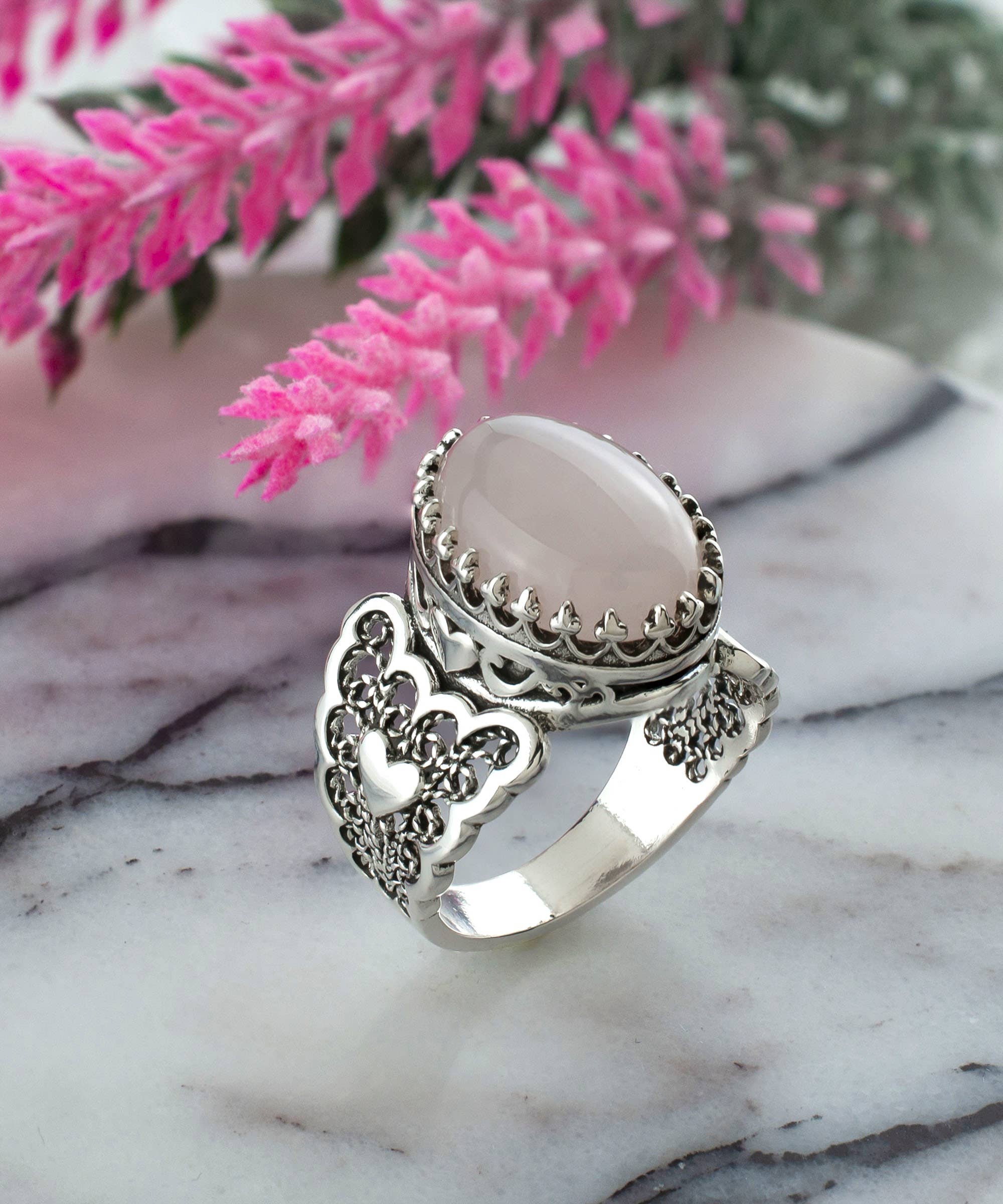 Filigranist Jewelry - Venta al por mayor Anillos grandes/de cóctel - Anillo de plata para mujer con doble corazón de cuarzo rosa.5