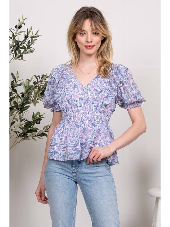 LILAC MULTI FLORAL PLEATED WOVEN TOP for wholesale on Faire