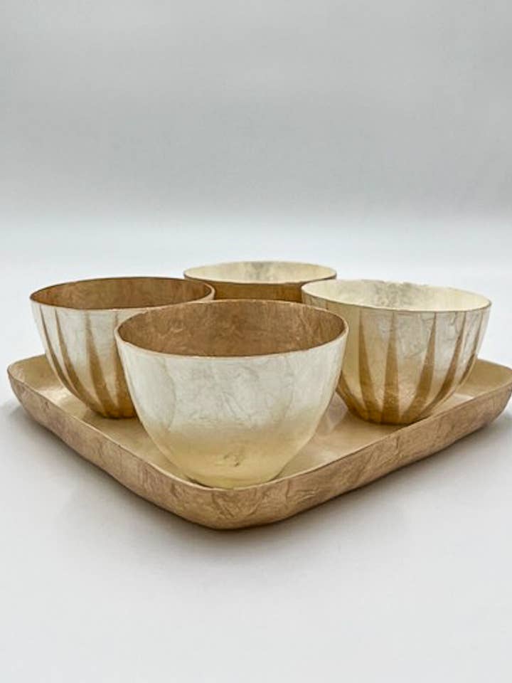 APERO bakke i genbrugt muslingeskal med 4 skåle og gulddetaljer for engroshandel hos JF The Reborn Home